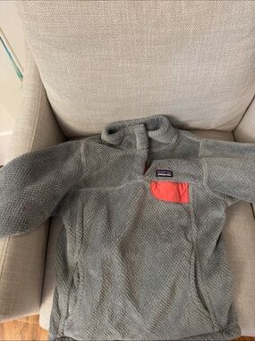 Patagonia Gray Fleece Pullover with Coral Pocket Accent